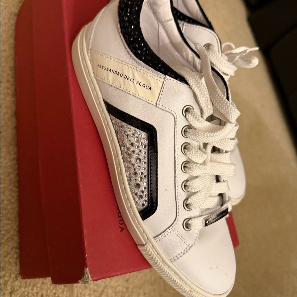 Alessandro Dell'Acqua White Sneakers with Black Trim and Crystal Panels